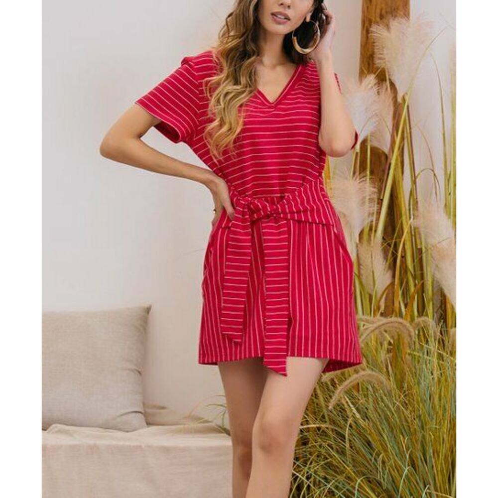 Z Avenue USA Tie-Waist Romper Short Sleeve V-Neck Red White Striped Large